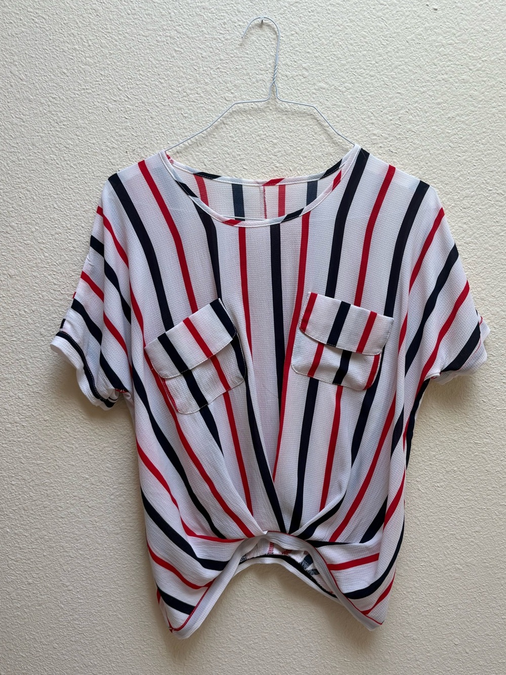 Striped Knot Front Short Sleeve Tee - White/Red/Black